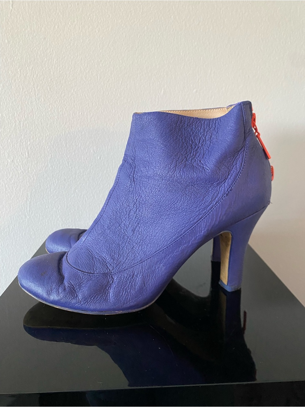 Diesel Purple Leather High-Heel Ankle Boots with Neon Orange Rear Zipper